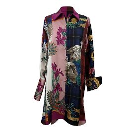 Salvatore Ferragamo Patchwork-Seide bedruckte lange Hemdgröße 40 IT Mehrfarben