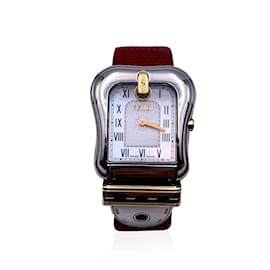 Fendi-Stainless Steel B. Buckle Design 3800 G Watch Red Leather Band-Silvery