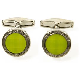 Burberry Green Logo Engraved Round Silver Tone Cufflinks w. Box Green Silver hardware