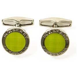 Burberry-Gemelli rotondi color argento con incisione con logo verde Burberry w. box-Verde,Silver hardware