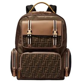 Fendi-Fendi FF PANELLED LEATHER AND NYLON MULTI-POCKET Backpack men Woman new with tag-Dark brown