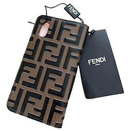 Fendi-cubierta iphone 10 estuche nuevo con solapa stampa FF MAYA + NERO-Castaño