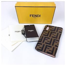 Fendi-cubierta iphone 10 estuche nuevo con solapa stampa FF MAYA + NERO-Castaño