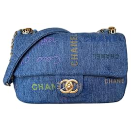 Chanel-Bolsa jeans pequena com aba azul-Azul