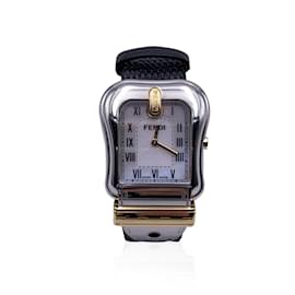 Fendi-Stainless Steel B. Buckle Design 3800 G Watch Black Leather Band-Silvery