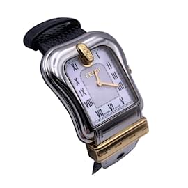 Fendi-Stainless Steel B. Buckle Design 3800 G Watch Black Leather Band-Silvery