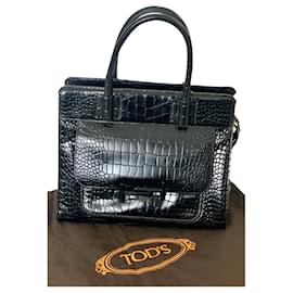 Tod's-Sac Cabas, Double T  M, Turtle Leather-Preto