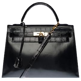 Hermès-Sublime Hermès Kelly Bag 32 saddler shoulder strap in black box leather customized with black mississippiensis alligator, gold plated metal trim-Black