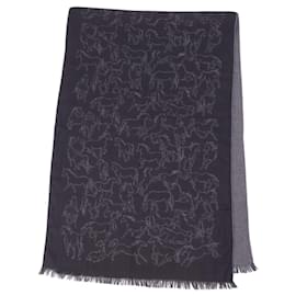 Hermès-HERMES Stall Cashmere Silk Fringe Muffler Horse Pattern Total Pattern Men's Women's Black-Black