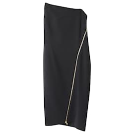 Donna Karan-Donna Karan Signature Asymmetric Zip Midi Skirt in Black Wool-Black