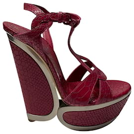 Casadei-Casadei Python Embossed Wedge Sandals 155 In pink leather-Pink