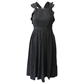 Ulla Johnson-Ulla Johnson Frill Sleeveless Midi Dress in Black Tencel-Black