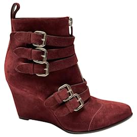 Tabitha Simmons-Tabitha Simmons Harley 80 Buckle Wedge Boots in Burgundy Suede-Dark red