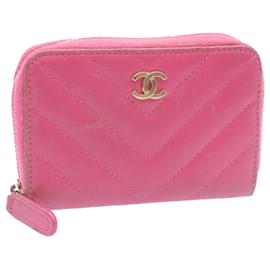 Chanel-CHANEL V stitch Coin Purse Lamb Skin Pink CC Auth th2104-Pink