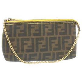 FENDI Zucca Canvas Chain Accessory Pouch Brown Black Auth th2113 Brown Black