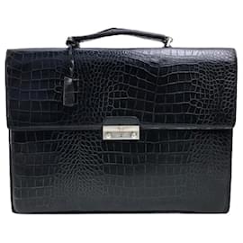Versace-[Usado] Versace Versace Business Bag Medusa Croco Emboss Couro Homens Pretos-Preto