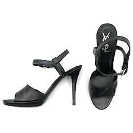 Yves Saint Laurent-YSL sandals in black leather with embossed fronts-Black