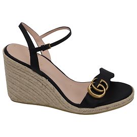Gucci Aitana 85 Sandali Espadrillas con Zeppa in Pelle Nera Nero