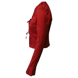 Armani-Armani Jeans Ruffled Long Sleeve Blouse in Red Cotton-Red
