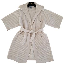 CHANEL ecru cream cashmere coat with belt Eggshell
