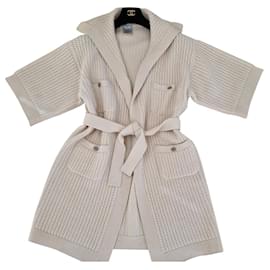 Chanel-CHANEL ecru cream cashmere coat with belt-Eggshell