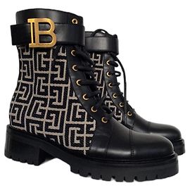 Balmain Romy Ranger Ankle Boots in Black and Beige Monogram Canvas Black