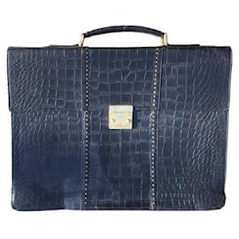 Gianni Versace-[Used] [Rare] Gianni Versace (Gianni Versace) High-quality crocodile pattern embossed leather design Men's briefcase (Business Bag)-Black,Golden