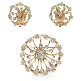 VINTAGE SET BURMA-BROSCHE + OHRRINGE GOLDENE METALL-STRASS-BOX-BROSCHE Golden