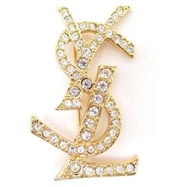 NEUF VINTAGE BROCHE YVES SAINT LAURENT OPYUM LOGO YSL STRASS DORE BROOCH Doré