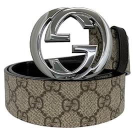 Gucci-[Usado] Cinto Gucci bege marrom prata entrelaçado 114984 525040 GG Supremo 90 36 Couro de PVC usado GUCCI não usado Exibe Mercadorias 40mm Acessórios de moda Acessórios de marca Logótipo Intertravamento GG Fivela Padrão Total Padrão GG presente Avaliação genuína concluída-Marrom,Prata,Bege