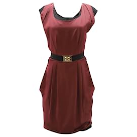 Fendi-Fendi Belted Mini Dress in Burgundy Wool-Red,Dark red