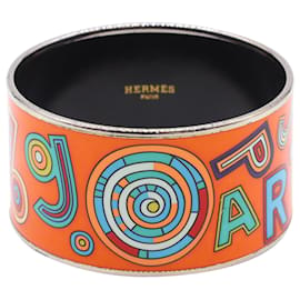 Hermès Hermes Printed Silver Trim Wide Cuff in Orange Enamel Orange