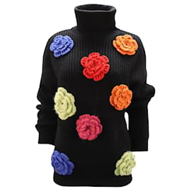 Autre Marque-Boutique Moschino Turtleneck Sweater with Flower Embellishment in Black Acrylic-Black