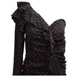Veronica Beard Leona One-Shoulder-Rüschen-Polka-Dot-Kleid aus schwarzer Seide Schwarz