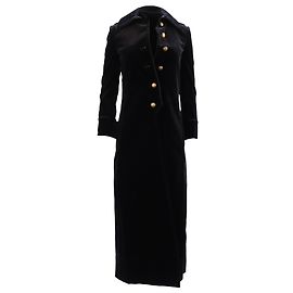 Saint Laurent Black Piped Long Coat in Black Velvet Black