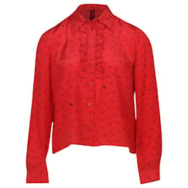 Miu Miu-Miu Miu Blusa de bolinhas com babados em seda vermelha-Vermelho