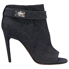 Givenchy-Saint Laurent Open Toe Ankle Boots with Buckle in Black Denim-Black