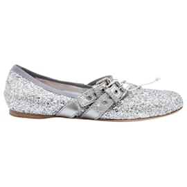Miu Miu-Miu Miu Glitter Ballet Flats in Silver Leather-Silvery