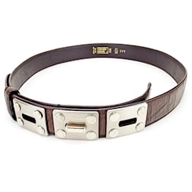 Gianni Versace-[Used] Gianni Versace GIANNI VERSACE Belt ♯80 32 size Women's Men's Available Medusa Button Dark Brown x Silver Embossed Leather x Silver Metal Fittings [Gianni Versace] T2239-Silvery,Dark brown