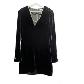 THIERRY MUGLER SCHWARZES KLEID LANGARM IN SAMT SILBERKETTE DETAIL AM AUSSCHNITT Schwarz