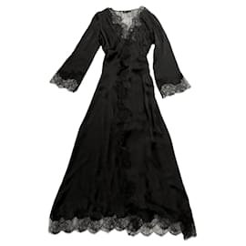 Carine Gilson-Carine Gilson black silk & lace wrap maxi robe-Black