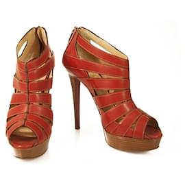 Christian Louboutin-Christian Louboutin Red Leather Pique Cire 140 Ankle Strappy Booties Size 40-Red