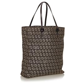 Fendi-Fendi Brown Zucchino Canvas Tote Bag-Brown,Dark brown
