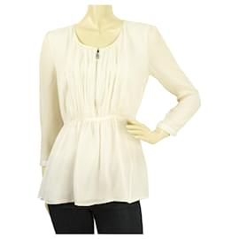 Burberry-Blusa de manga larga con cintura ajustada en la parte delantera y cremallera color crema de Burberry, talla superior, Reino Unido 8, US 6-Blanco