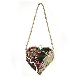 Christian Lacroix Sac à main en forme de cœur avec patchwork en toile perlée Kiss Lock Multicolore