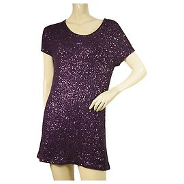 Donna Karan - Robe de soirée courte en maille violette entièrement pailletée à manches courtes Violet