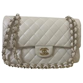 Chanel-Bolsa Chanel Caviar Jumbo Single Flap Branca-Branco