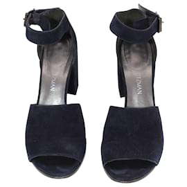 Stuart Weitzman-Stuart Weitzman Soho Gal Block Sandals in Navy Blue Suede-Navy blue