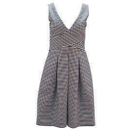 Halston Heritage Sleeveless Stripe Dress in Blue Print Polyester Other