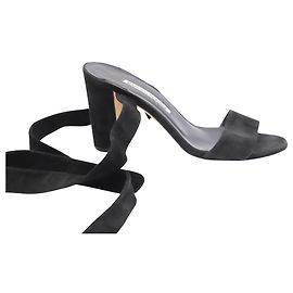 Manolo Blahnik Tondala Ankle Wrap Heels in Black Suede Black